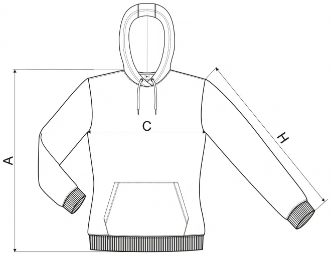 Dámská mikina bez zipu s kapucí - tabulka velikostí
