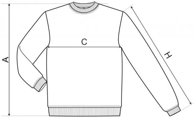 Mikina s hlavicovým rukávem, bez kapuce - tabulka velikostí