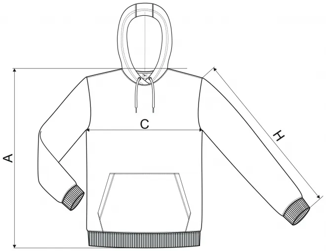 Pánská mikina bez zipu s kapucí - tabulka velikostí